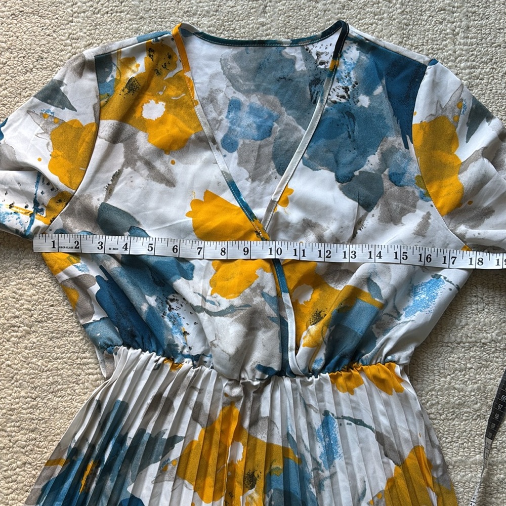 SHEIN White Floral Pleated Long Sleeve Midi Dress with Yellow & Blue Print - Picture 2 of 5